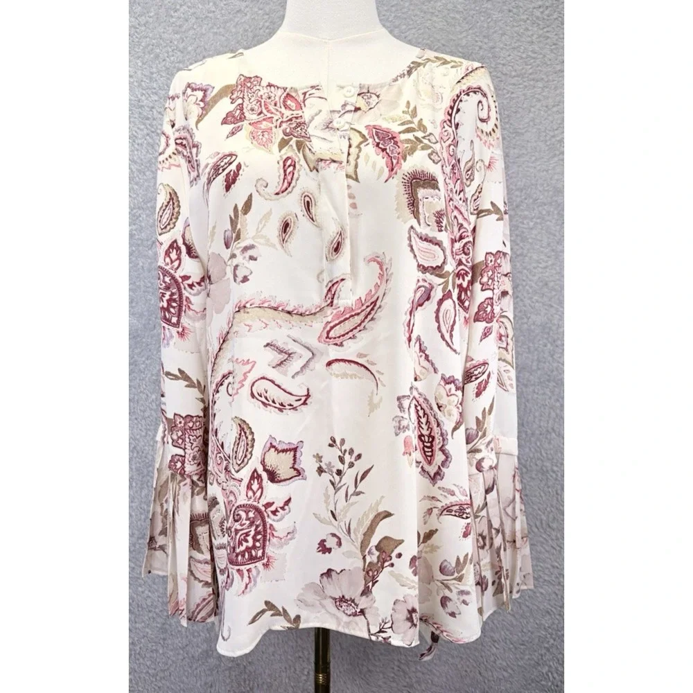 Chicos Womens 2 L Floral Paisley Tunic Top Beige Pink V Neck Bell Sleeve Boho